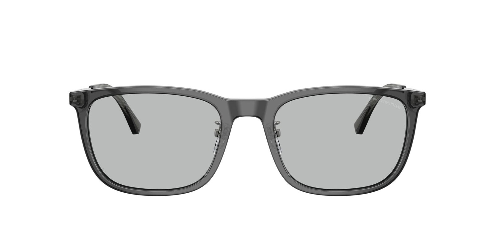 Das Bild zeigt die Emporio Armani Sonnenbrille EA4275D in glänzendem transparentem Grau von vorne.